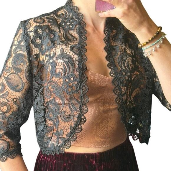 Jones New York Jackets & Blazers - Black Lace Bolero Shrug – Gothic Fairy Layering Top (M)